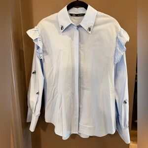 Zara Jeweled Light Blue Ruffle Sleeve Women's Top